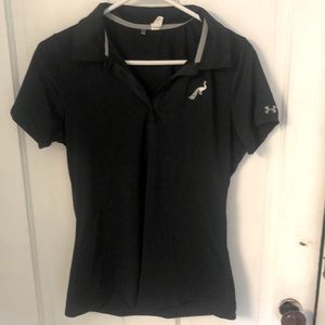 Under Armour black polo with stitched silver peacock on left chest.